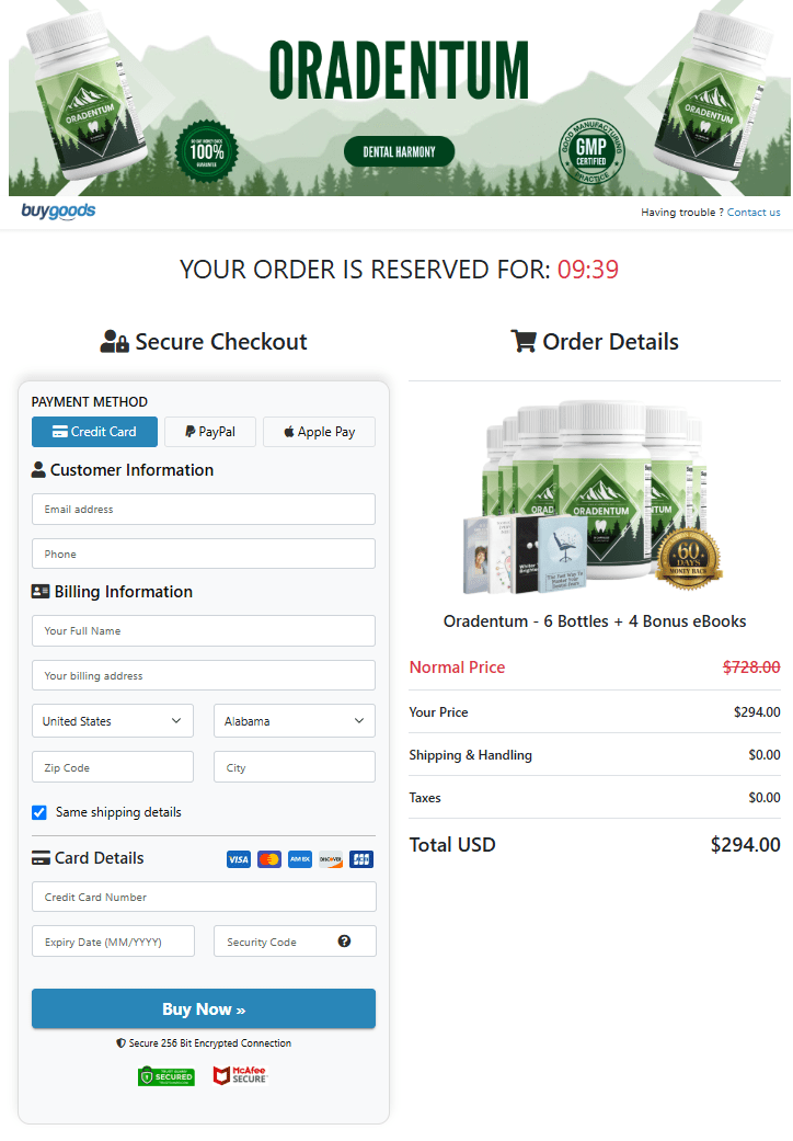 Oradentum order checkout page